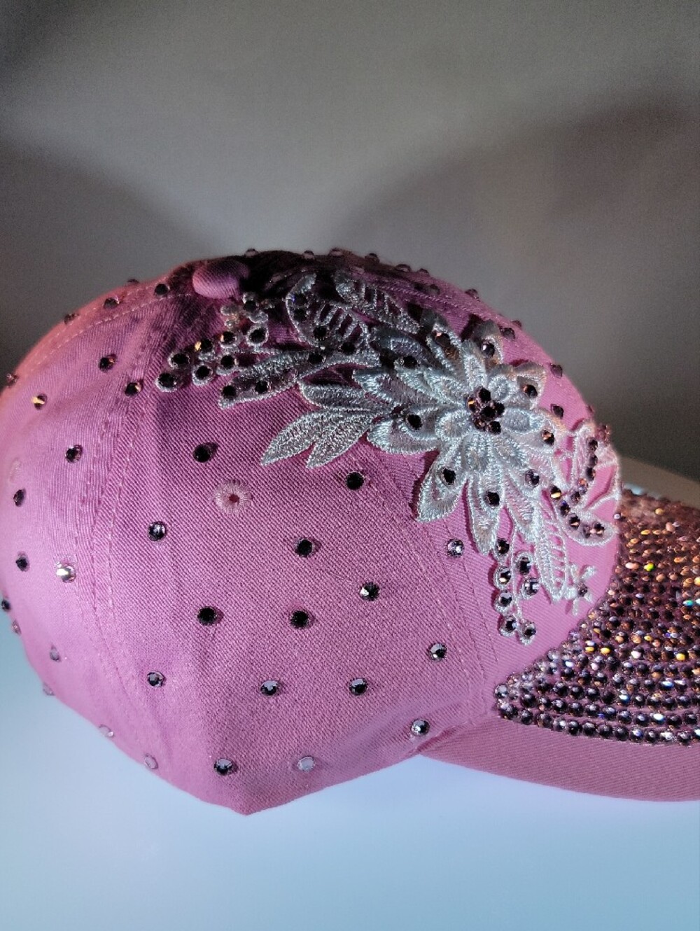 Pink Floral Rhinestone Embellished Baseball Cap - Picture 4 of 5